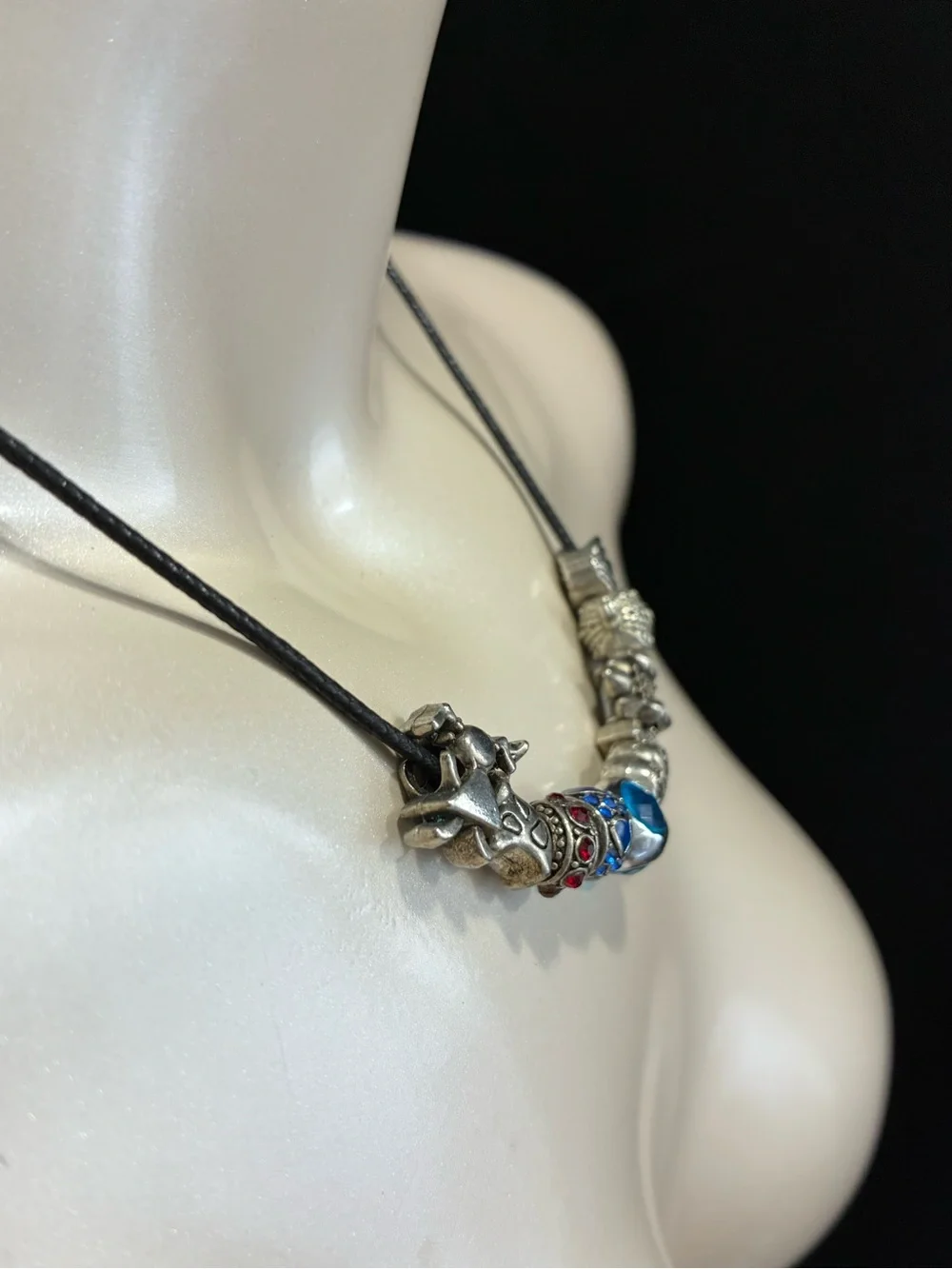 Black Cord Necklace with Silver Travel Themed Chunky Charms Blue and Red Accents